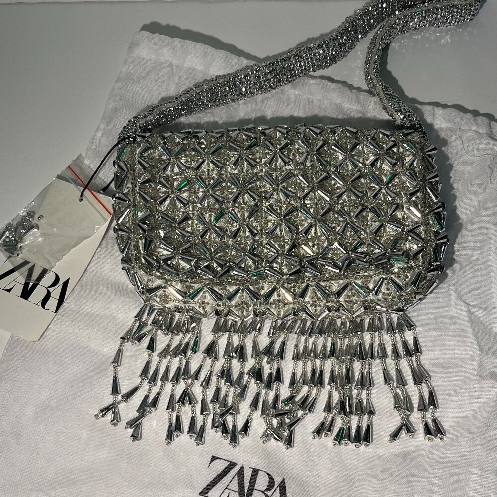 Zara Silver Gray Beaded/Embellished Metallic Handbag